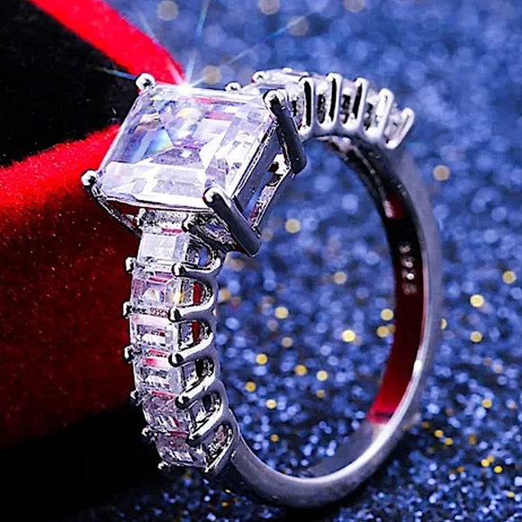 Sterling Silver Princess Cut Halo Baguette Diamond Ring - Picture 3 of 6